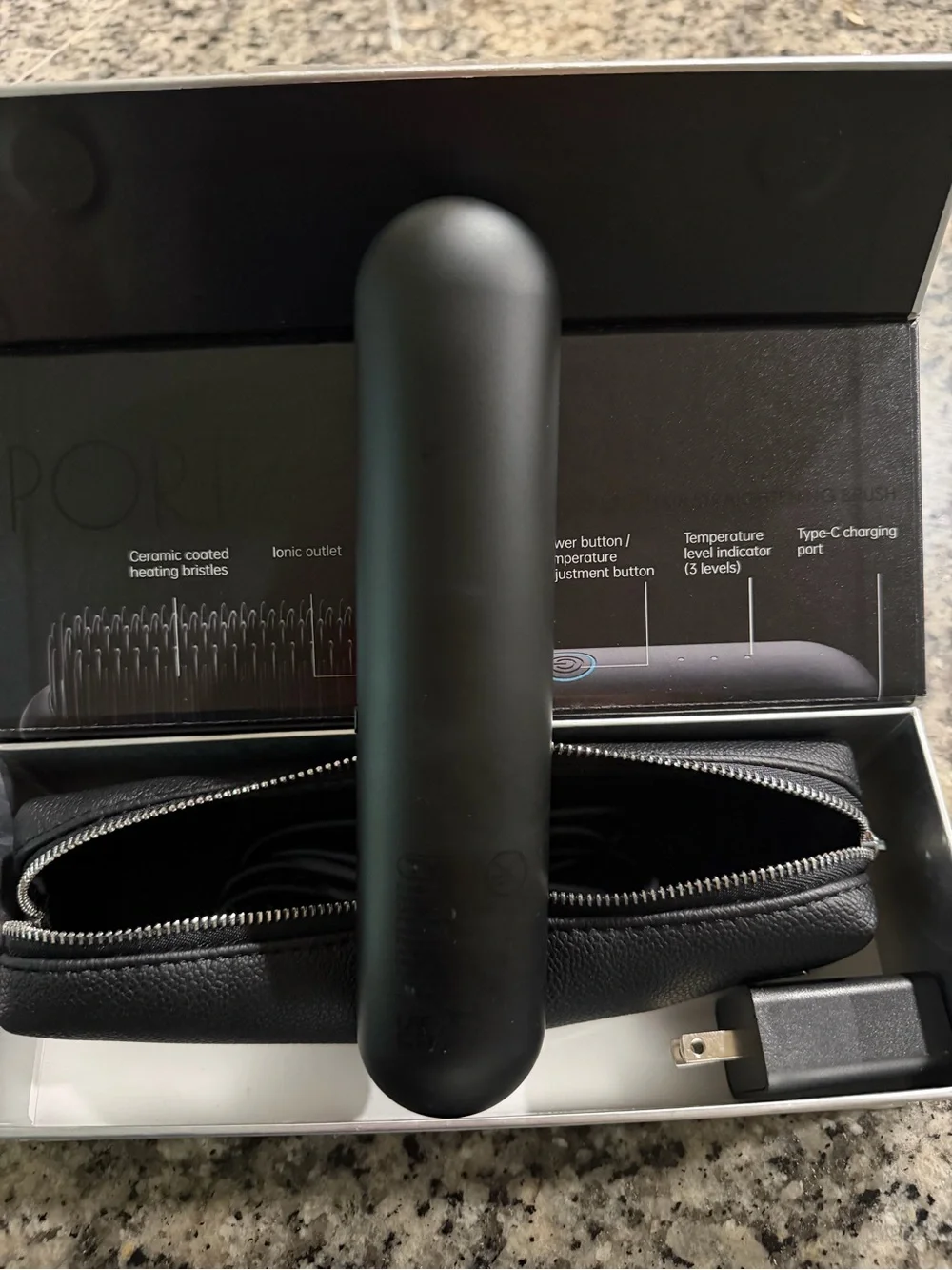 TYMO- Black Electric Hair Straightening Brush with Travel Adapter NEW